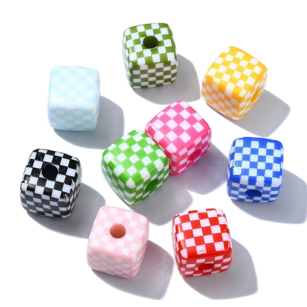 1497 50 Pcs Colorful Acrylic Beads 13mm Cube with Tartan Pattern Beads
